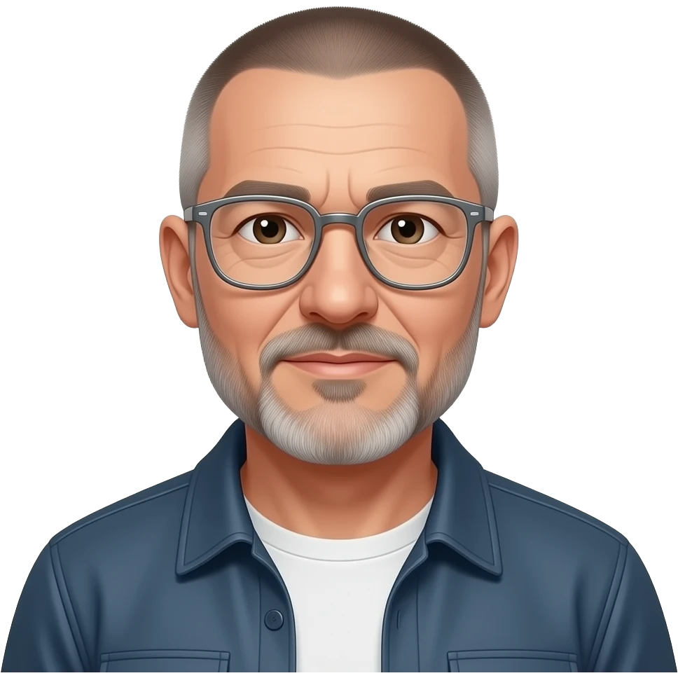 metal-framed glasses ery entellectual man, 65 years old, street wear stubble, shaved short with clippers emoji