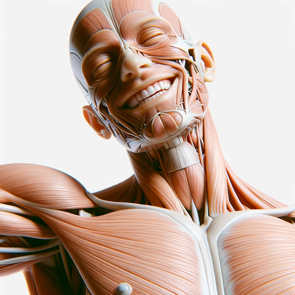 corpo umano anatomico a figura intera che sorride rilassato, iperrealistico 4k, isolato su sfondo bianco emoji