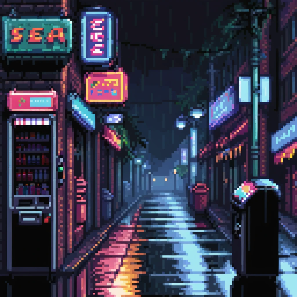Pixel art urban street at night, side view, neon lights, vending machine, empty sidewalk, moody atmosphere, light rain reflections, trash bins, vertical 9:16 aspect ratio, Sega Genesis fighting game background
 emoji