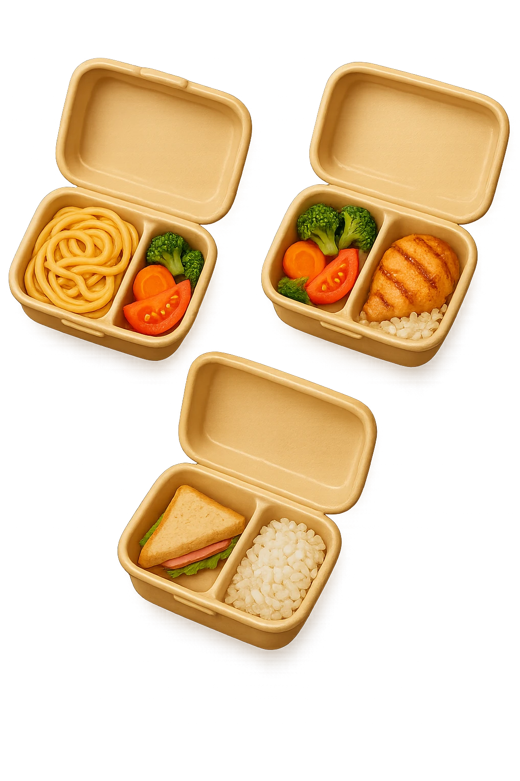 EMOJI STILE IPHONE DI UN 3 schiscette con poco cibo dentro, fluttuano in aria REALISTICA 4K emoji