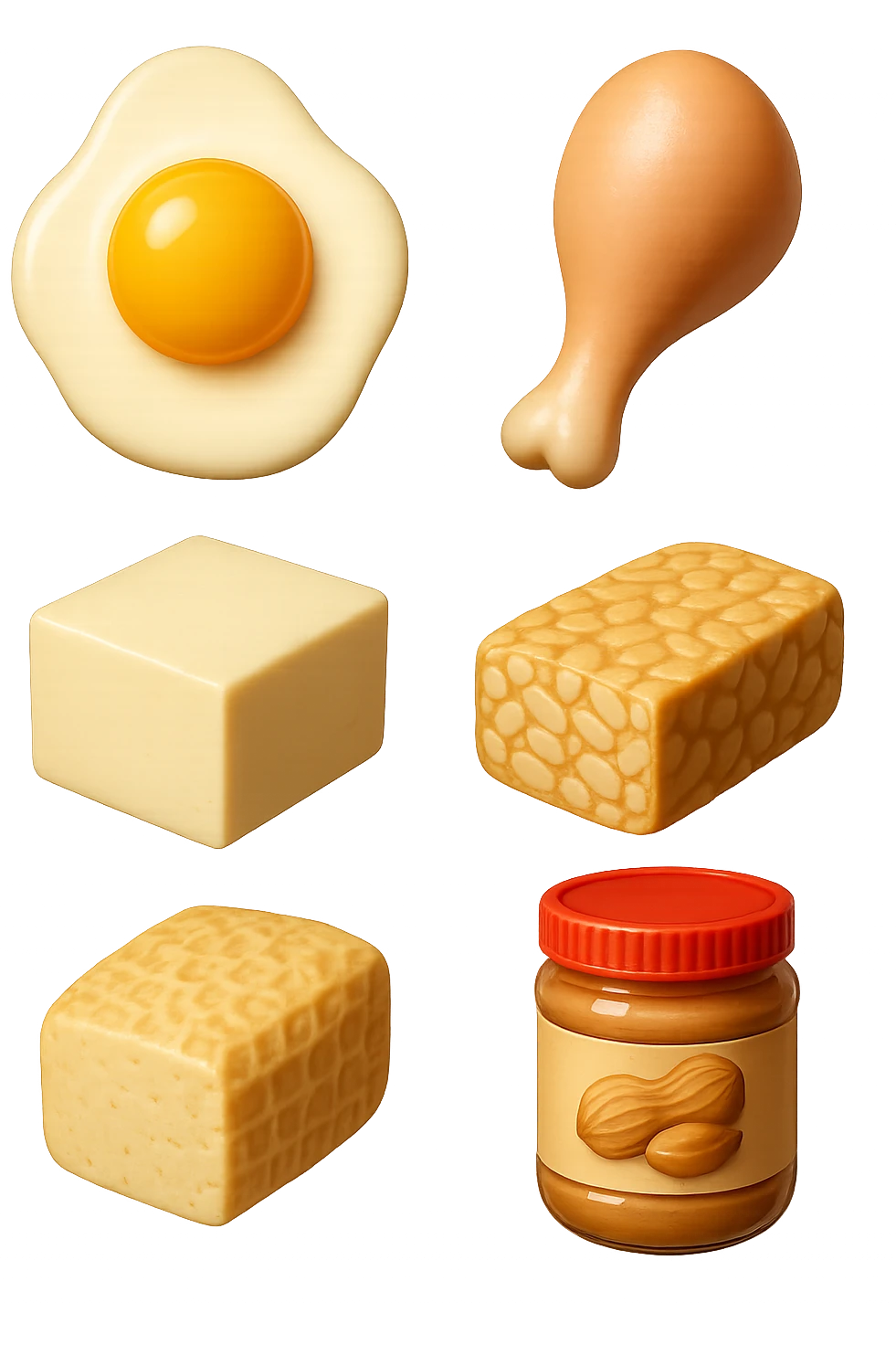 EMOJI STILE IPHONE DI
 uova, pollo, tofu, tempeh, burro di arachidi
, fluttuano in aria REALISTICA 4K emoji