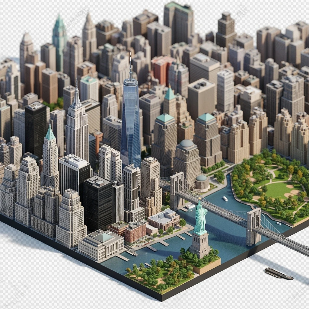 Isometric miniature of New York Сity Empire State Building, One World Trade Center, Statue of Liberty, Brooklyn Bridge, and Central Park chaotic low-rise blocks in outer boroughs 3D miniature effect and Tilt Shift effect, no cartoonish look, transparent background. emoji
