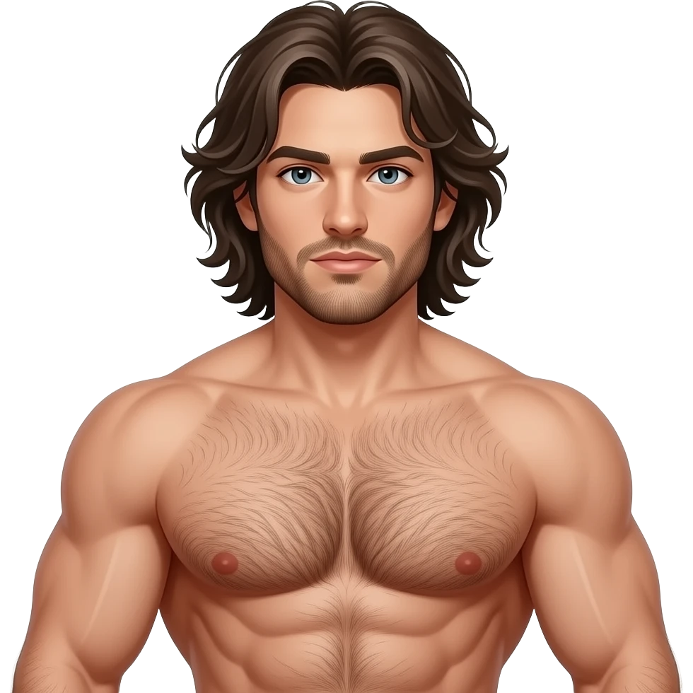 Hombre fuerte, corpulento, con mucho vello y cabello largo y desordenado. emoji