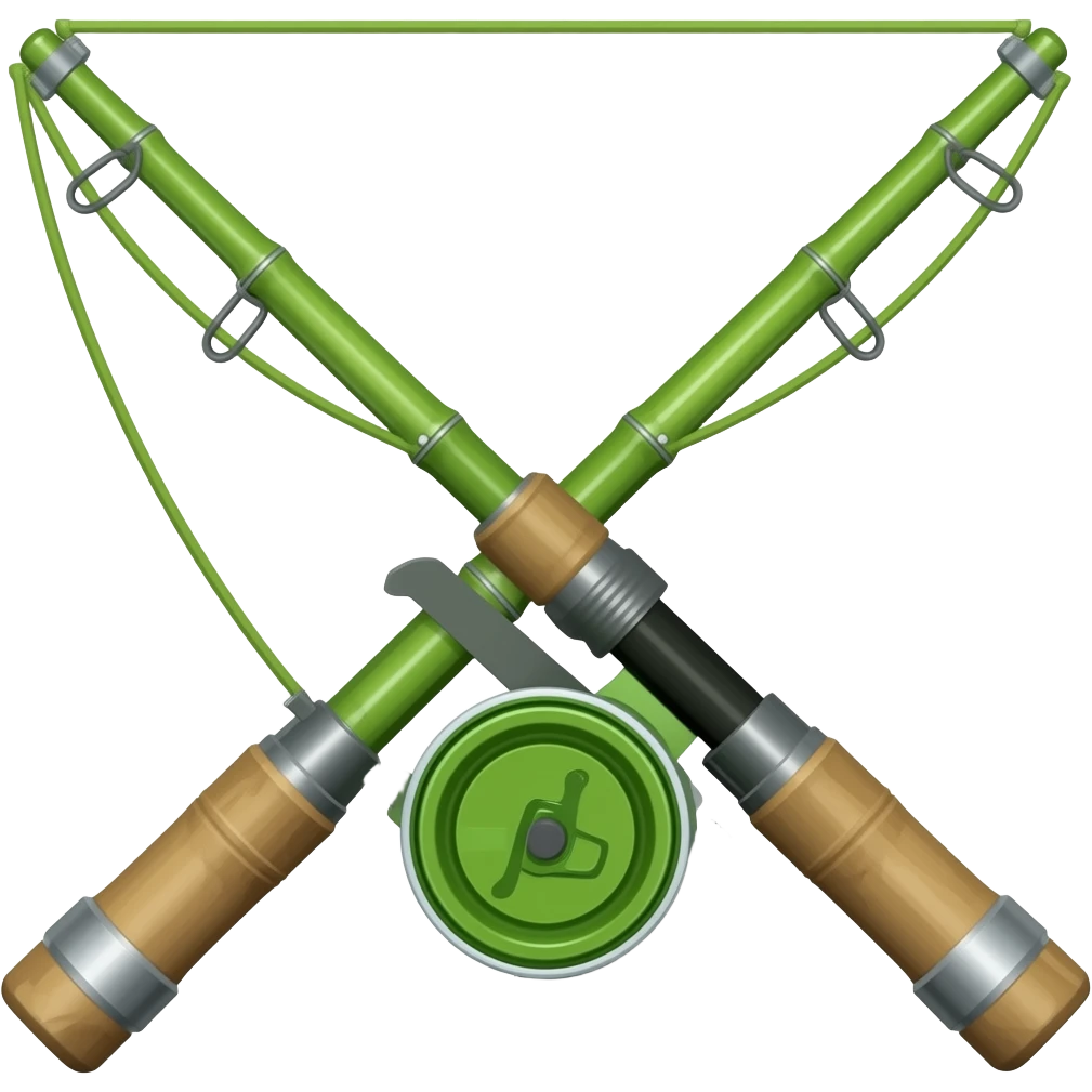 a fishing pole made out of green bamboo with a green pop can as the reel emoji