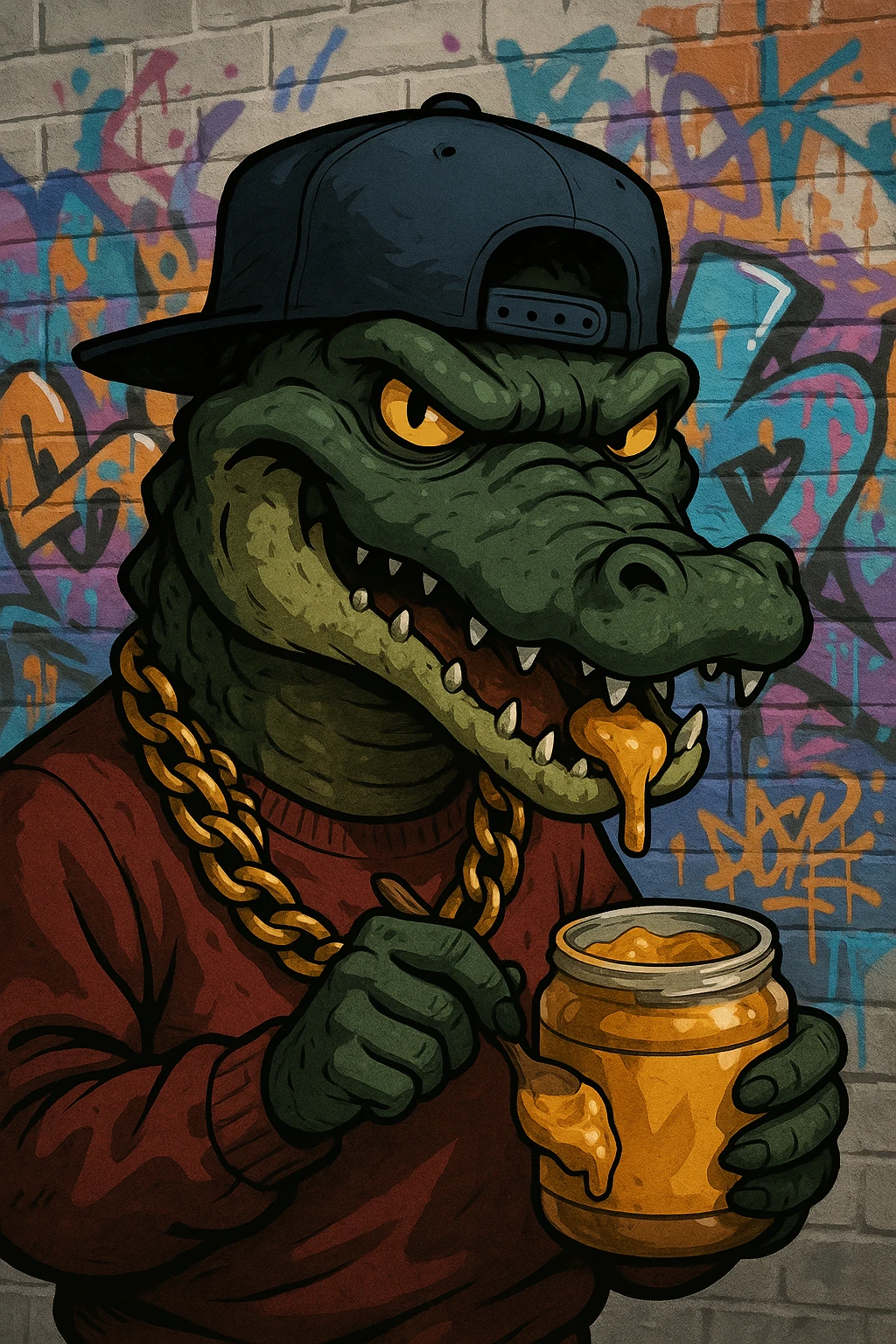 gangster alligator eating peanut butter, urban street style, gold chain, cool attitude emoji