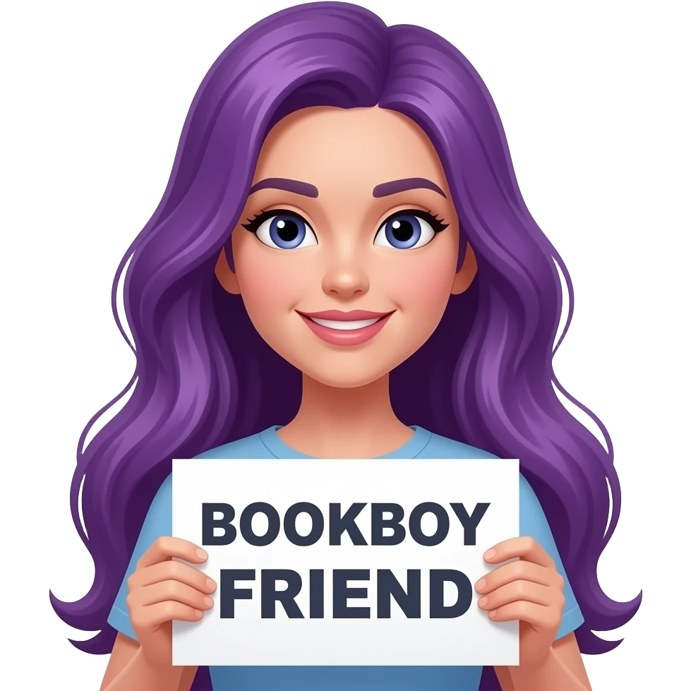 sexy girl with long purple hair holding a BOOKBOY FRIEND sign emoji