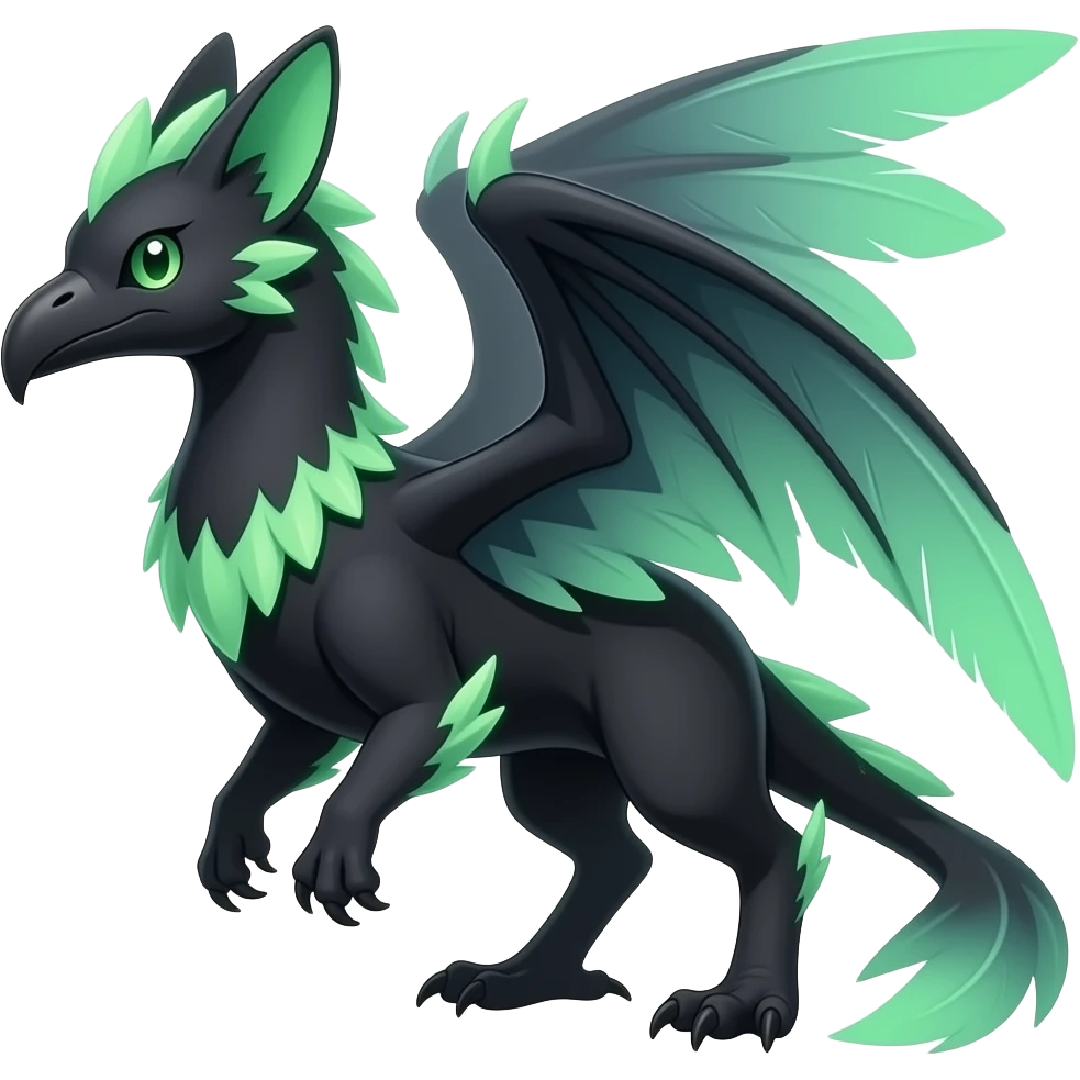 Black Dark Exotic Tropical Beaked Feathery Nocturnal Neon-glowing Abyssal Nightly Abyss-Cat-Gryphon-Salandit-Nargacuga-Silvally-Fakémon Creature (full body) emoji