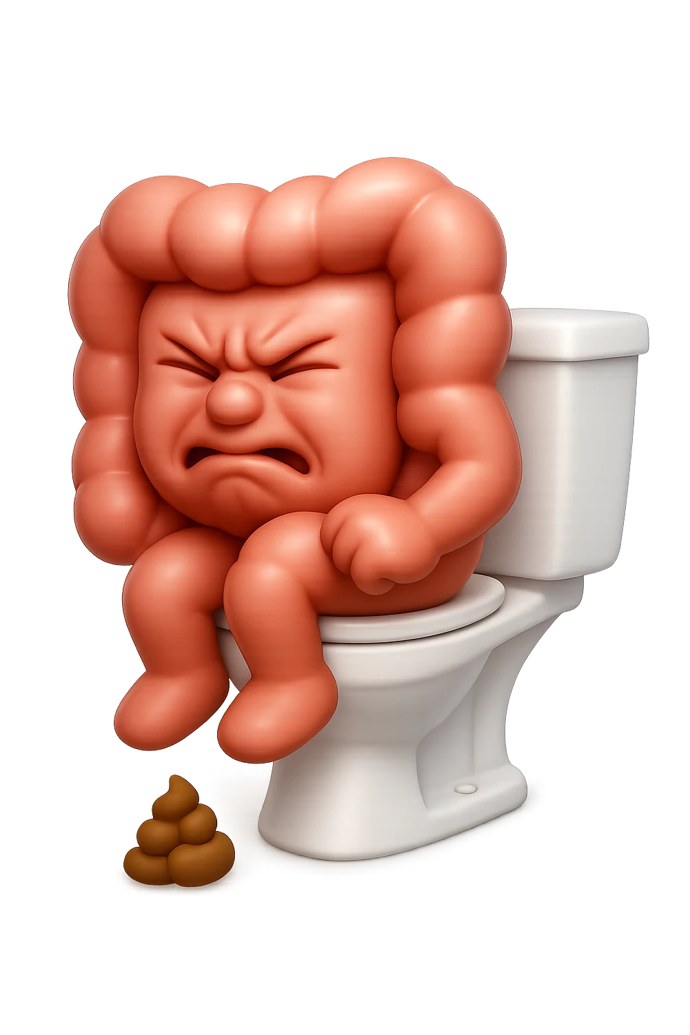 EMOJI STILE IPHONE 3D DI UN INTESTINO CHE sta seduto sul wc e davanti ha una montagnetta di feci a palline stile emoji iphone, fallo senza naso e FAGLI UN ESPRESSIONE di dolore mentre si sforza E FALLO MOLTO REALISTICO IN 3D emoji