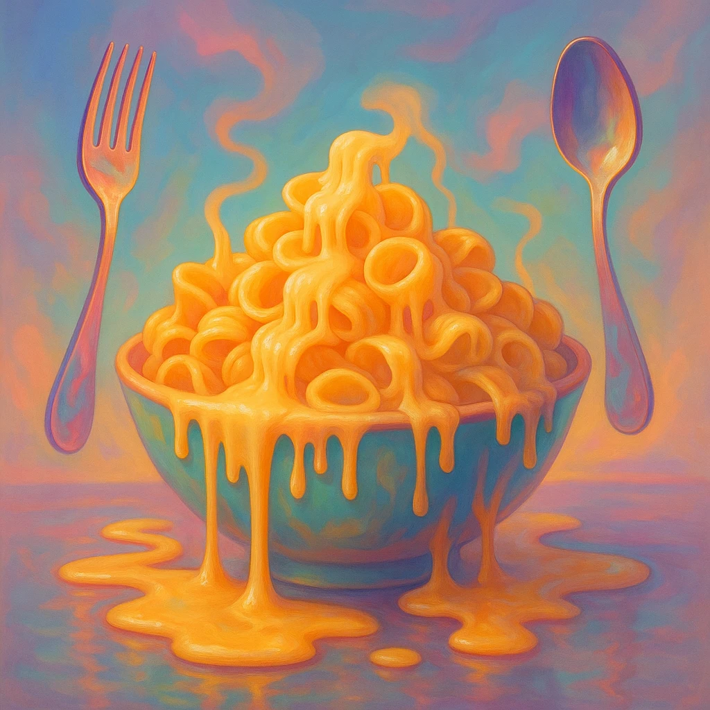 a bowl of orecchiette pasta with surreal elements, such as melting noodles, floating utensils, and whimsical colors emoji