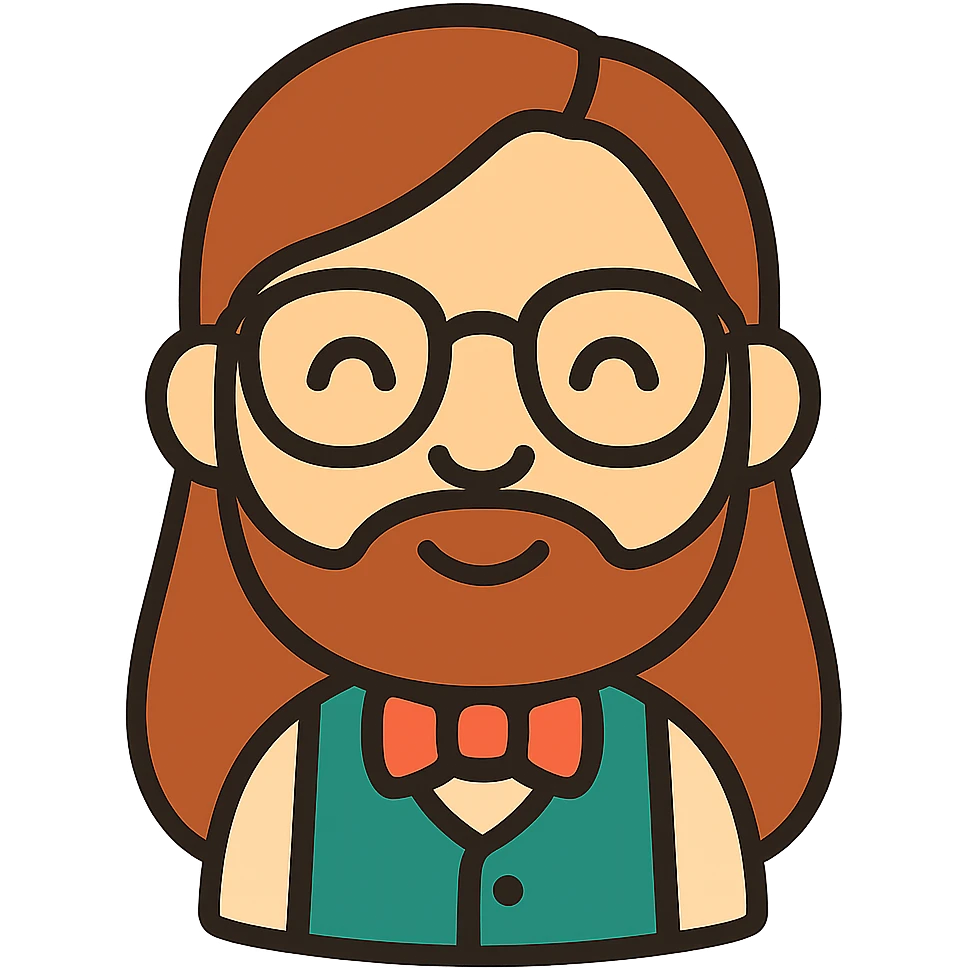 Add long hair and a beard to the nerd character, keeping the original style and transparent background. emoji