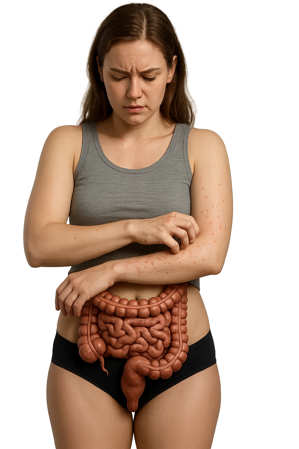 DONNA REALISTICA CON INTESTINO UMANO ANATOMICO REALISTICO CHE SI GRATTA IL BRACCIO SU CUI HA DELLE PUSTOLE ROSSE DI ALLERGIA, FIGURA INTERA, IPERREALISTICA 4K emoji