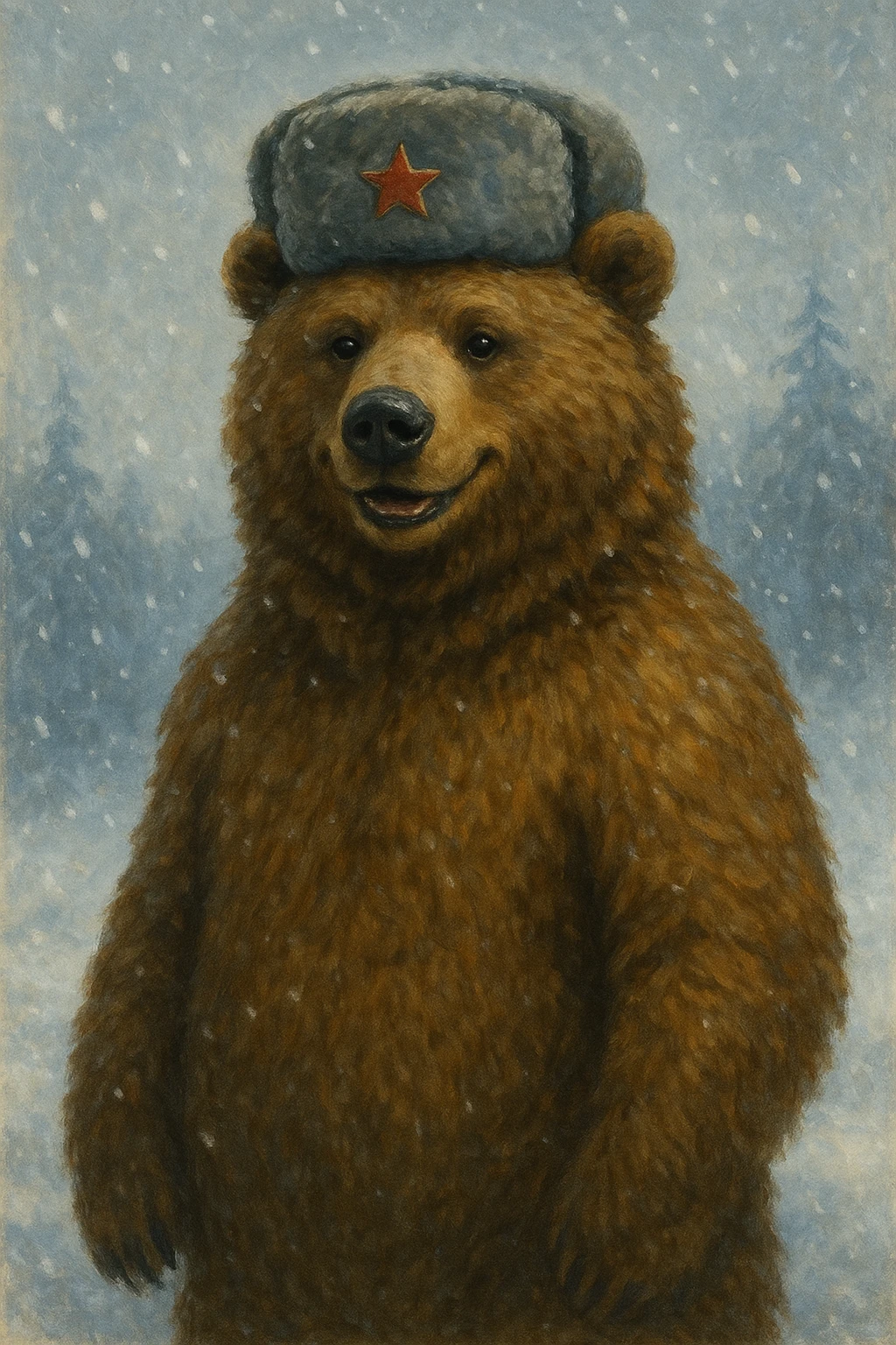 A Russian bear, classic style, wearing a ushanka hat, standing upright, friendly expression, winter background with snow and cold atmosphere. emoji