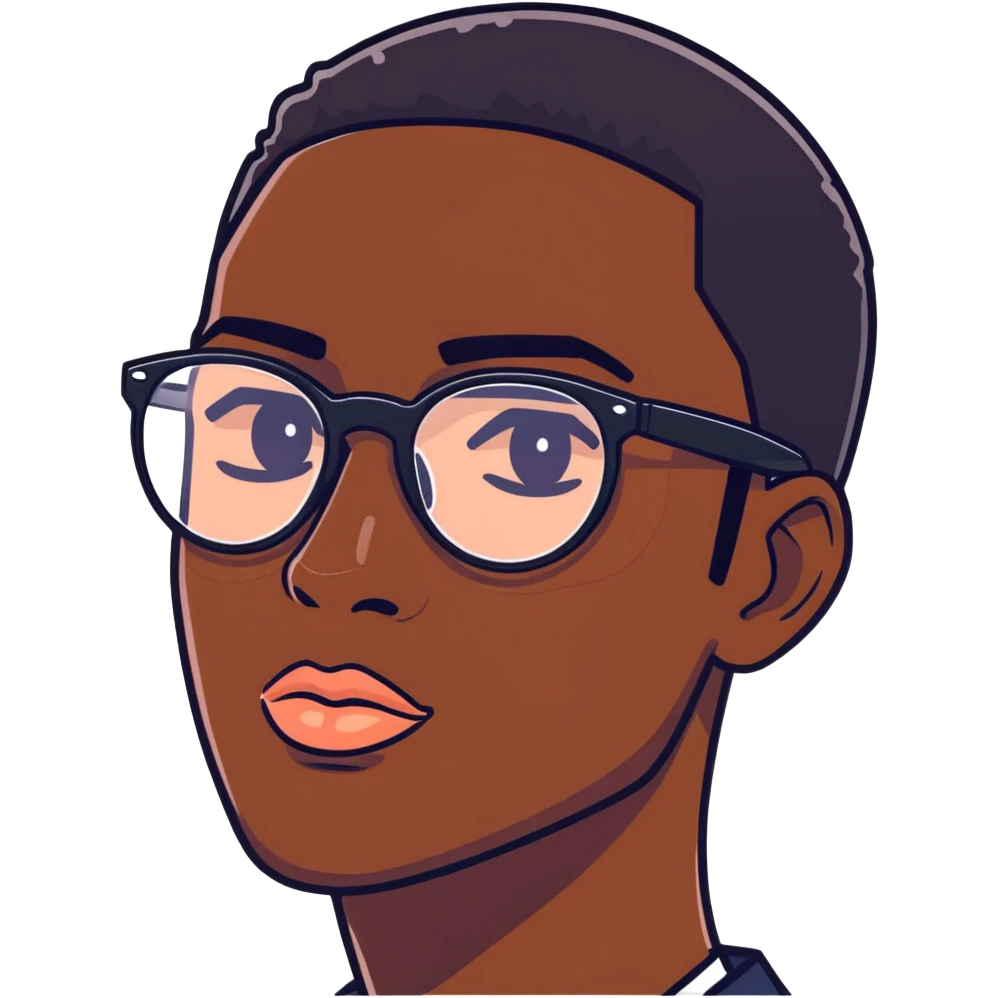 Dark skinned male with almond eyes lip gloss and black glasses emoji