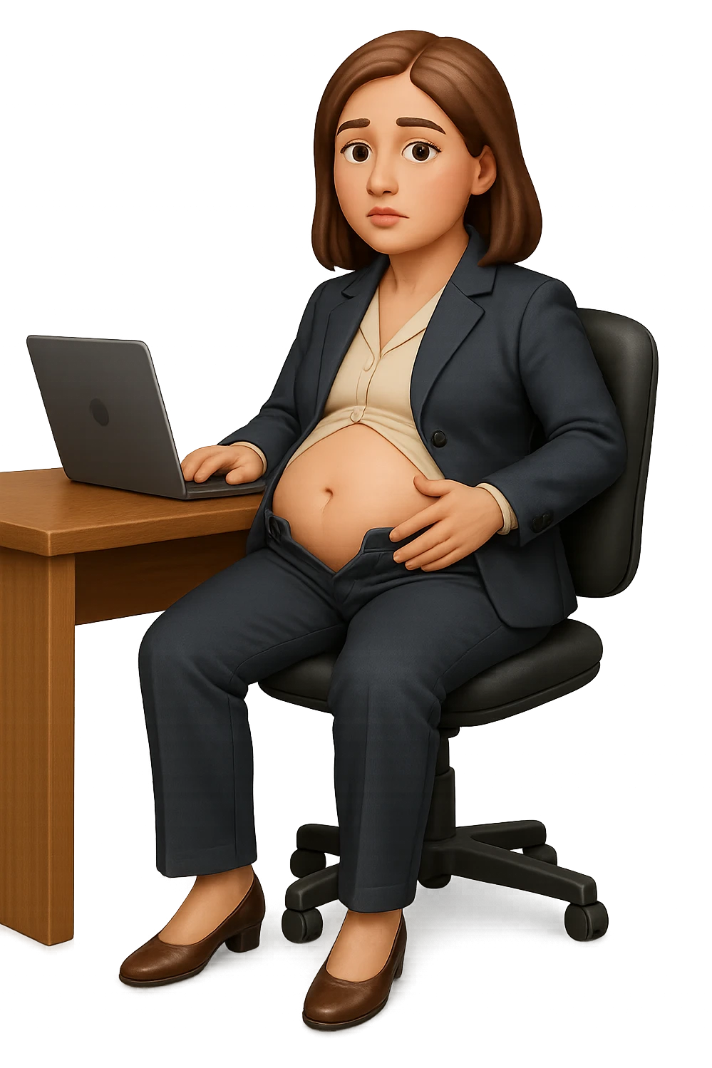 emoji stile iphone di una donna seduta alla scrivania dell'ufficio in completo elegante con i pantaloni sbottonati perché ha la pancia gonfia, falla a corpo intero, iperrealistico 4k emoji