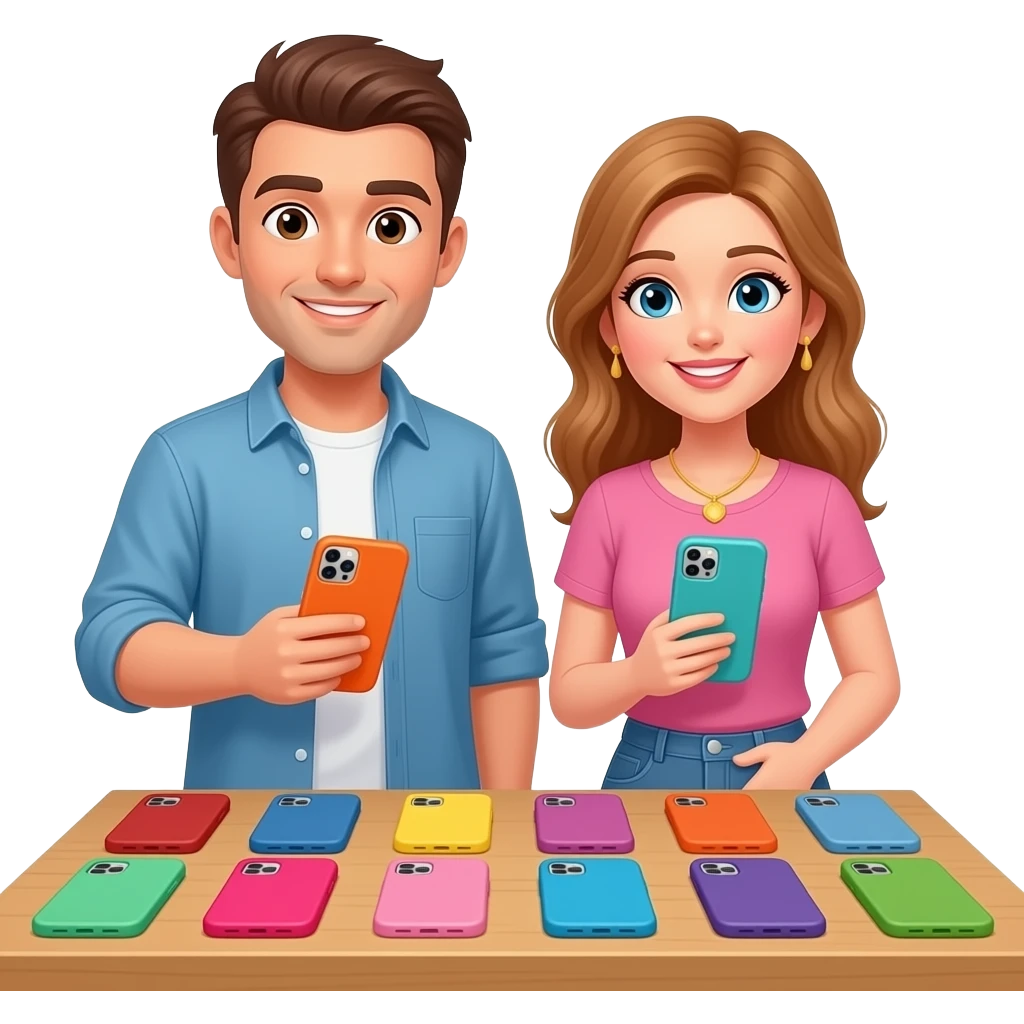 멋쟁이 남녀 커플이 폰케이스 판매하고있는 모습 그려줘 emoji