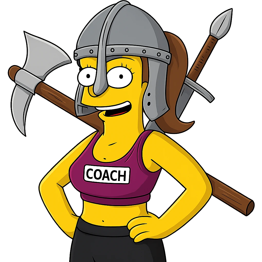 Regenerate the image keeping the same angle, facial expression, and size/shape ratio, but add a medieval helmet and medieval weapons to the heroine. Preserve the Simpsons cartoon style with a transparent background. emoji