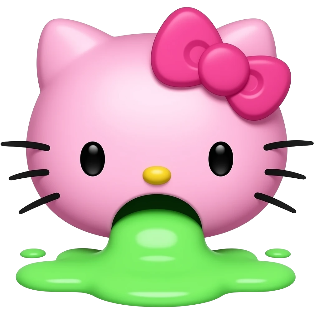 pink hello kitty is wide vomiting neon green emoji
