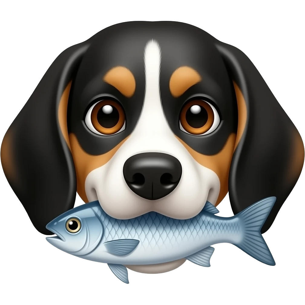 Black white beagle face black ears brown eyes fish in mouth emoji