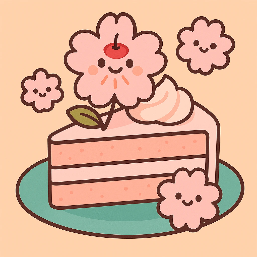 Add a cherry blossom flower on top of the sakura cake, keep the pastel toon style. emoji
