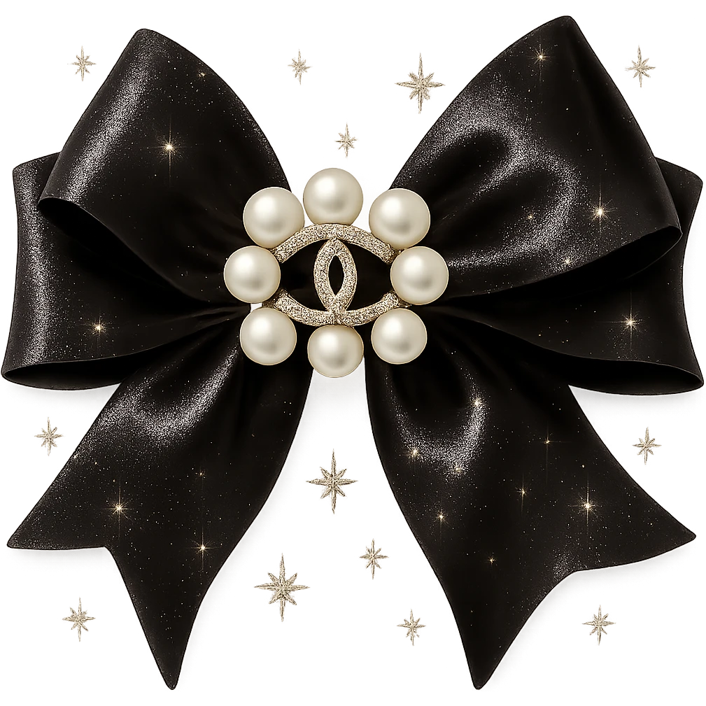Add a solid white background behind the elegant bow with pearls and gold Chanel logo, sparkling effects, glossy, black and white, realistic style. emoji