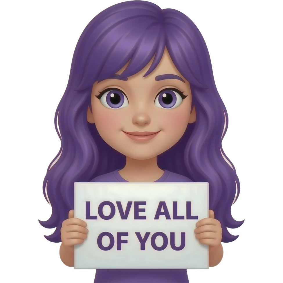 girl with long purple hair holding a -MASKTOK- LOVE ALL OF YOUsign emoji