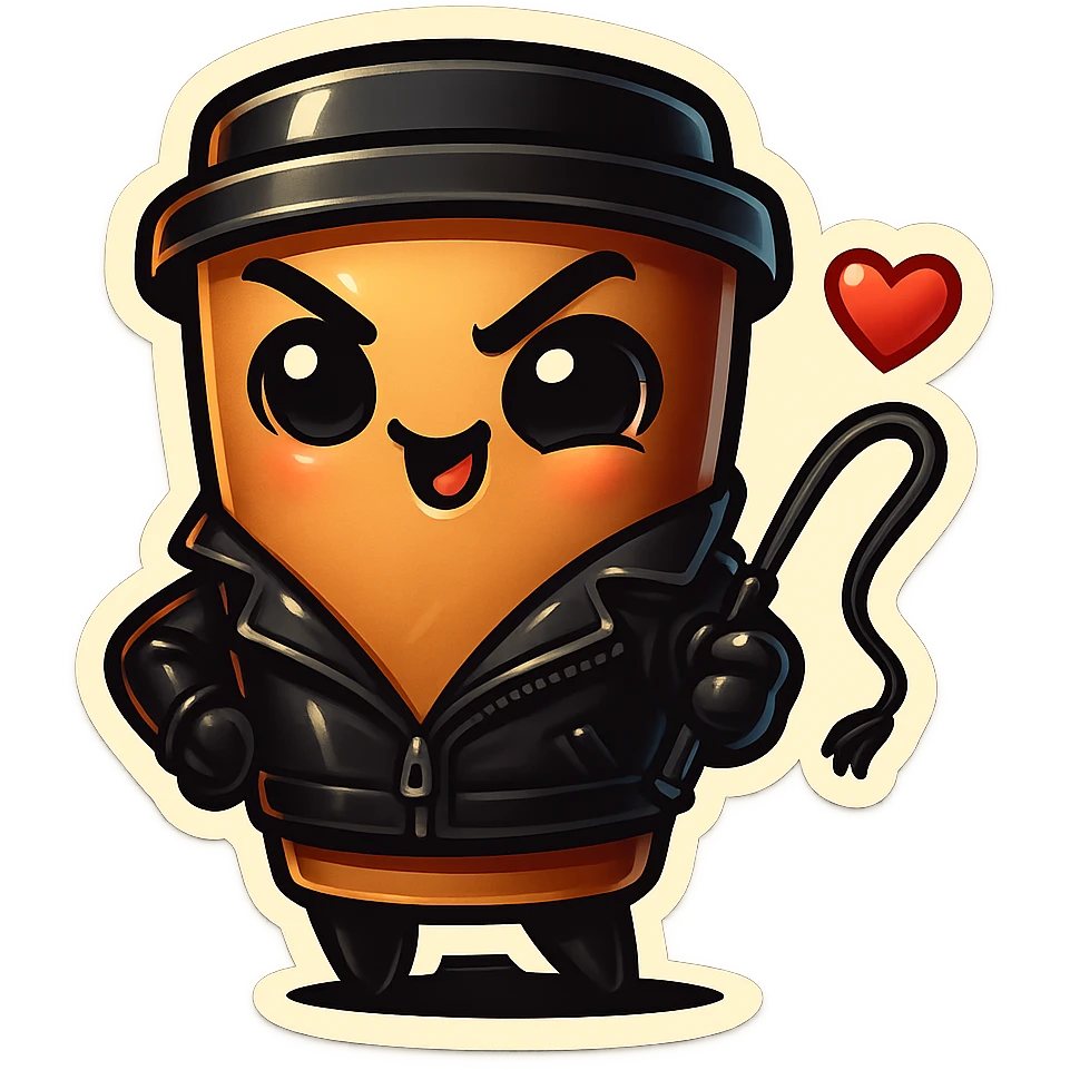 Tall coffee cup, dressed in leather holding a whipping crop, mischevious, heart emoji