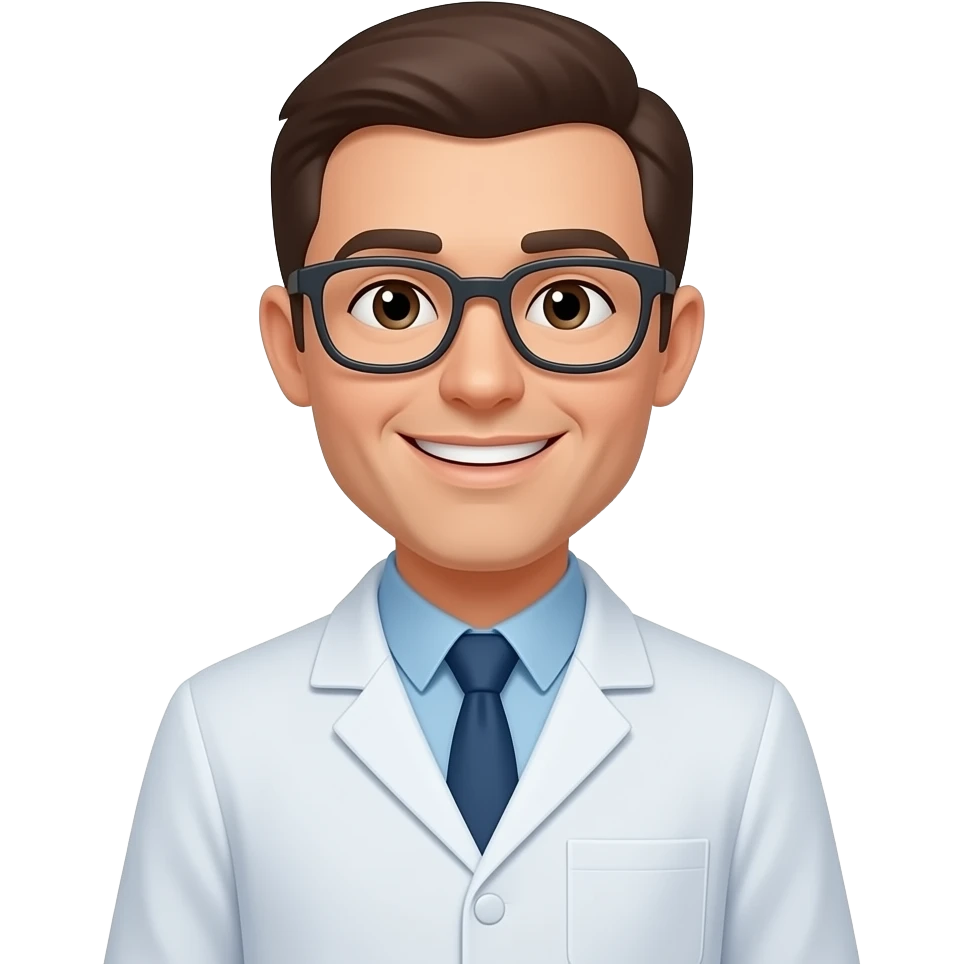 Design a 3D scientist emoji like Apple Memoji: smiling, in a lab coat, with glasses. Simple lab setting. Use bright colors and soft edges. emoji