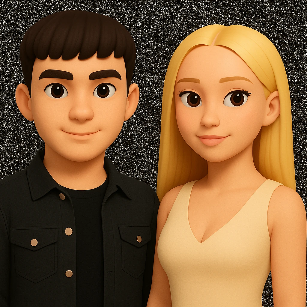 Slightly increase the volume of the upper body of the girl, significantly spread them apart from each other, make the skin color the same for both characters, while preserving the cartoonish 3D style as in the reference image. emoji
