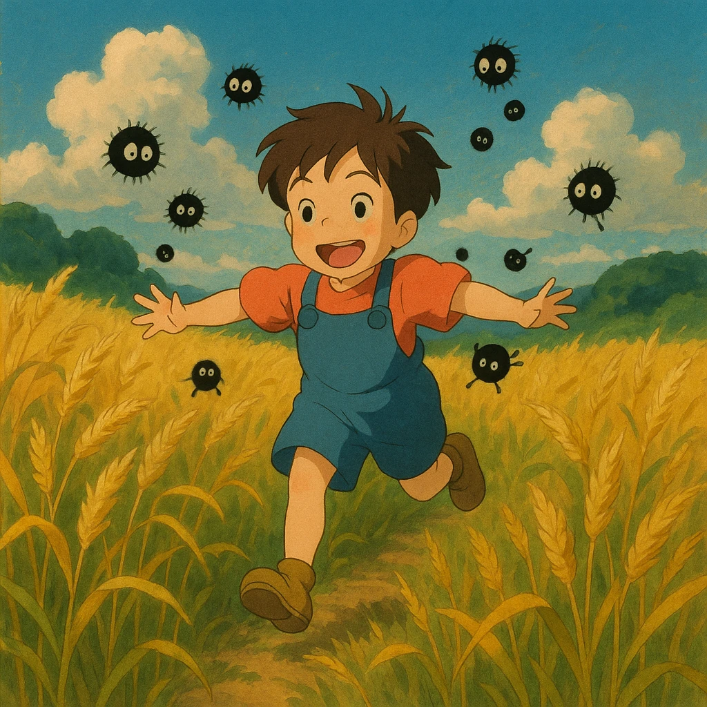 A child running through a golden wheat field, chased by playful dust spirits. emoji