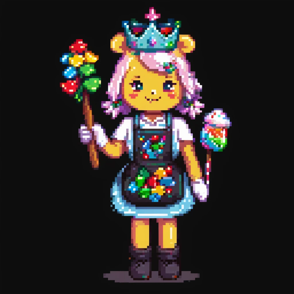 A playful baker in a pastel-pink candy lab. Walls of bubblegum bricks, frosting-covered counters, and a cupcake-shaped oven. The baker wears a gummy bear-studded apron, marshmallow gloves, and a rock candy crown. UI elements look like melting lollipops, candy cane sliders, and syrupy transitions. emoji