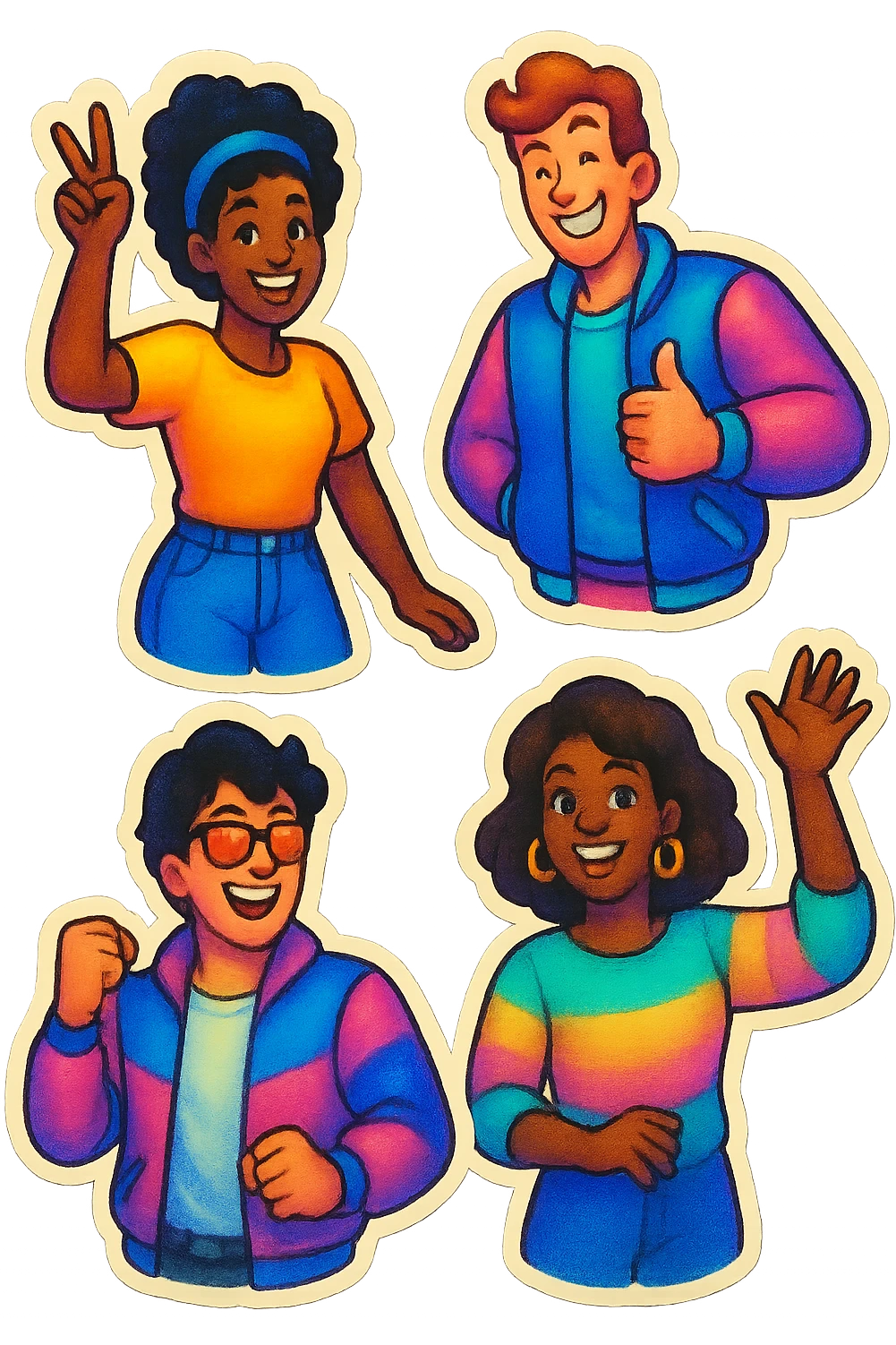 A group of friends in retro stickers style, with diverse characters and a fun design emoji