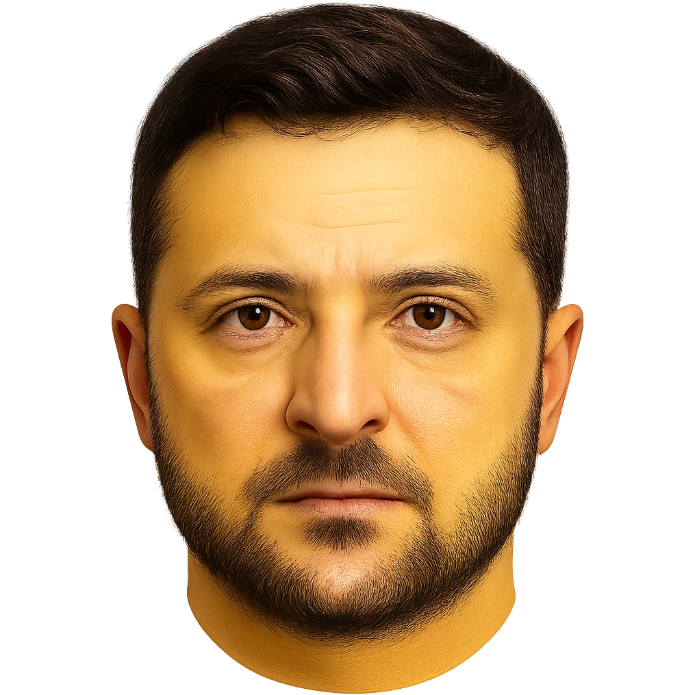 emoji-style portrait of Vladimir Zelensky with a yellow round face, very recognizable and detailed facial features, realistic eyes, hair, and beard, high quality emoji