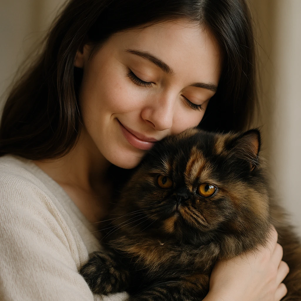 brunette girl cuddling a tortoiseshell Persian cat, gentle and sweet moment emoji