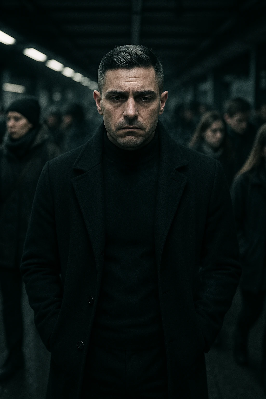 A cinematic shot of a man in his early 30s standing still in the middle of a crowded urban environment — perhaps a subway platform or office hallway — surrounded by blurred, cold-looking people facing away from him or speaking among themselves, ignoring him completely. The man has a heavy, emotionally drained expression, shoulders slightly slouched, hands in his coat pockets. He stands out in sharp focus while the others are dimly lit, grey-toned, and in motion blur. The lighting is harsh and cool, with strong shadows and low saturation to emphasize emotional isolation. A subtle dark aura or mist lingers around the man’s body, visually conveying the weight of negativity and emotional pressure. Shot in 35mm cinematic style, high realism, with a desaturated color palette and shallow depth of field emoji