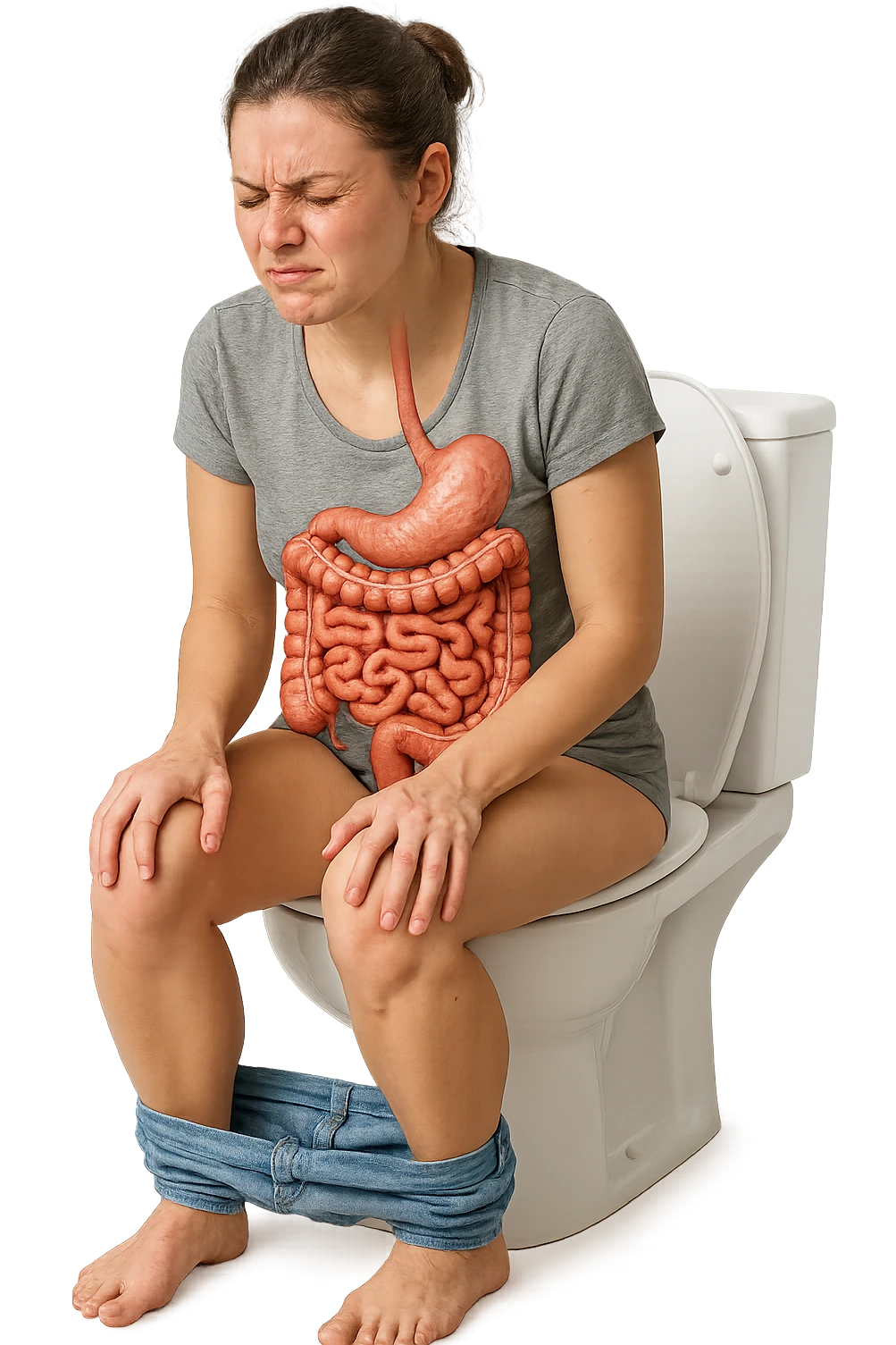donna che si sforza per andare in bagno, seduta sul wc con intestino umano anatomico realistico in evidenza, sfondo bianco, iperrealistico 4k emoji