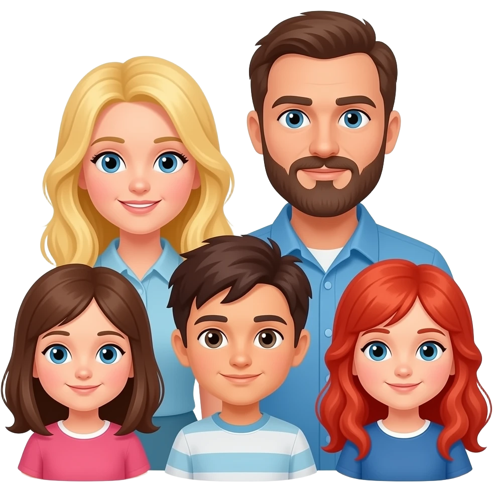 Blonde wife, bald husband with beard, brunette daughter, blonde male kid, dark hair 3rd son, red head girl emoji