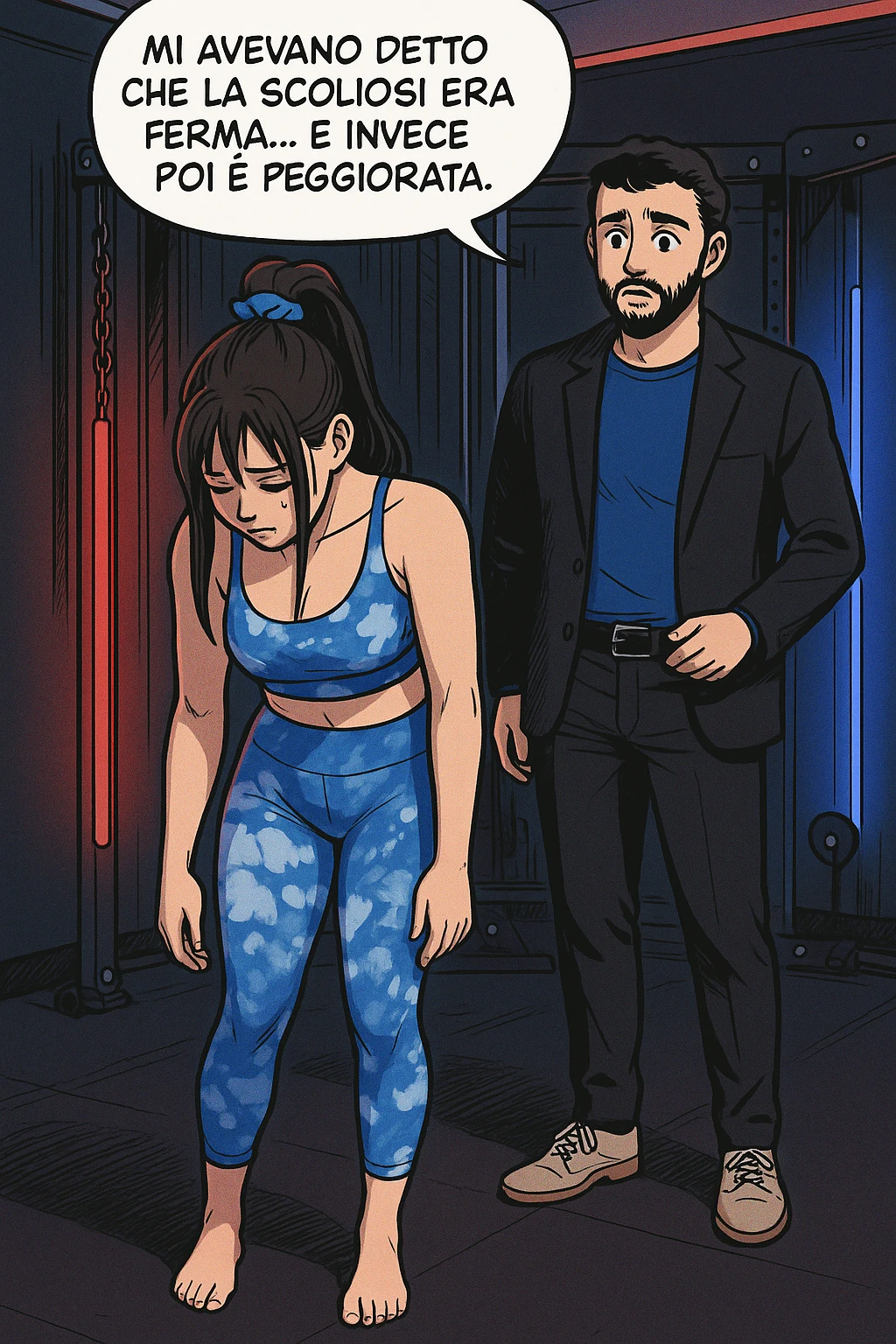 fai questa immagine in versione fumetto/manga/webtoon a colori, il manga mostra la donna disperata con un fumetto sulla testa che dice:
Mi avevano detto che la scoliosi era ferma… e invece poi è peggiorata.
 emoji