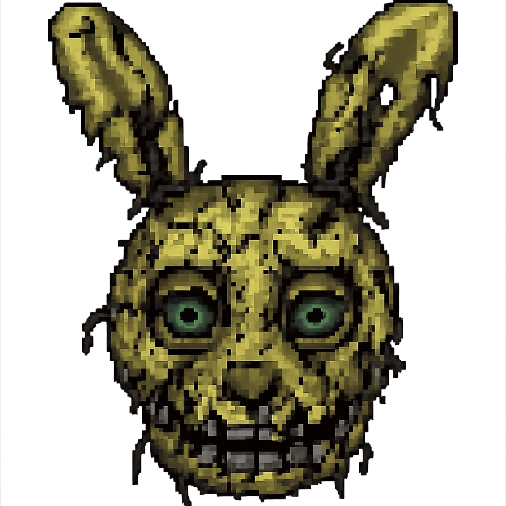 Make the close-up Springtrap face look even more broken, with extra cracks, missing pieces, and more exposed metal in pixel art style. Remove background. emoji