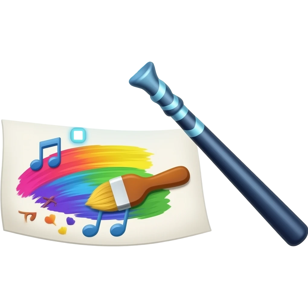 Icon of a magic wand emitting glowing data points and generating a piece of colorful art (brush strokes and musical notes), generative AI concept, creativity, modern design, flat illustration. emoji