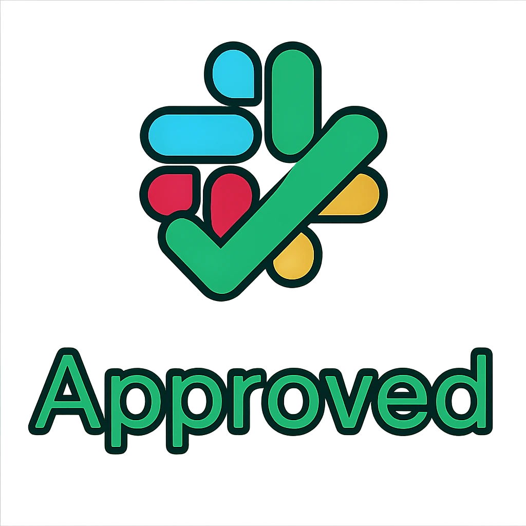Slack emoji with the word 'Approved' in a bold, sans-serif font, green color, minimal design, optimized for clarity emoji