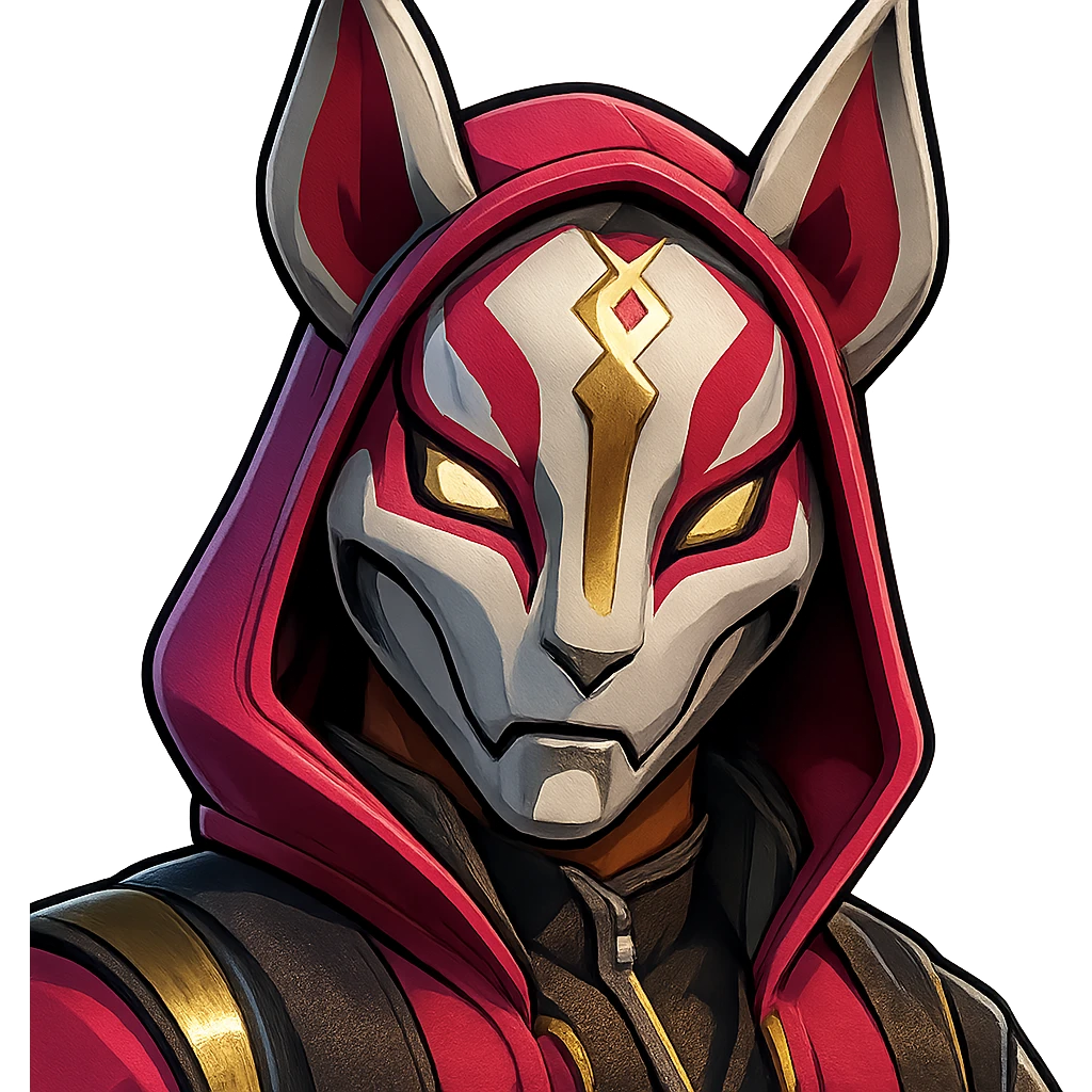 Fortnite Drift skin, close-up, fox mask, intense eyes, stylized, no text emoji