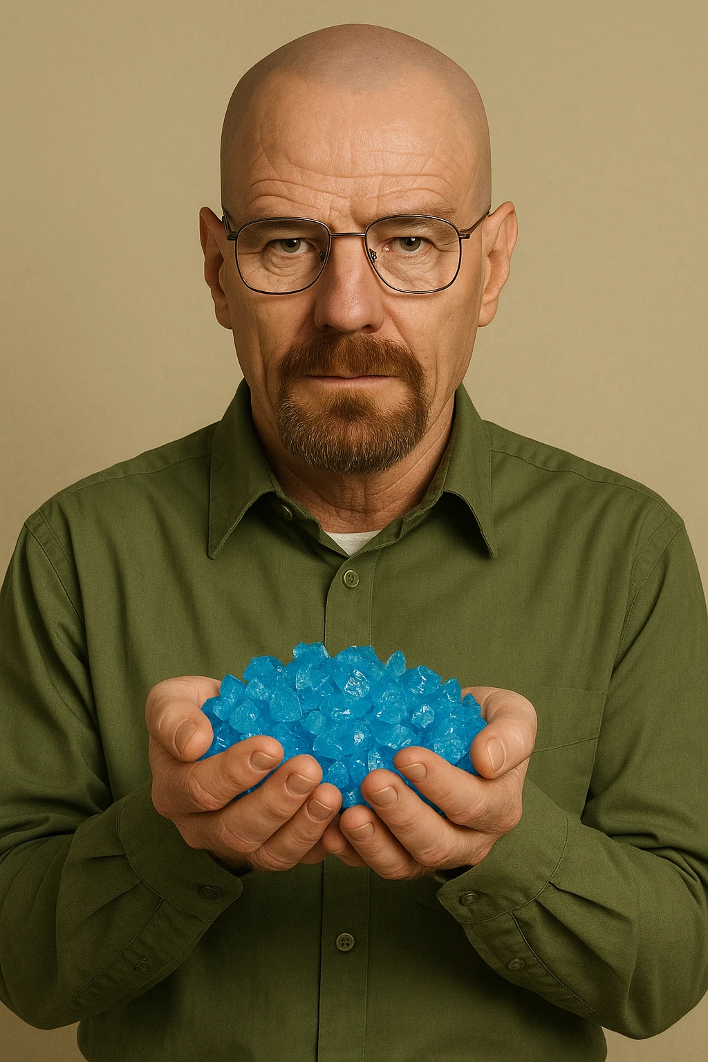 Walter White, chemistry teacher with glasses and goatee, holding blue crystals, wearing a green shirt, simple background emoji