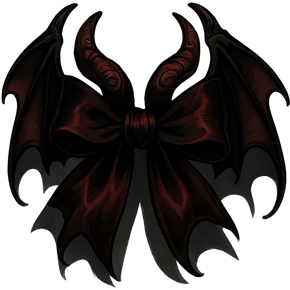devil bow, gothic style, dark red and black colors, ornate horns, dramatic shadows, elegant and sinister, bat wings emoji