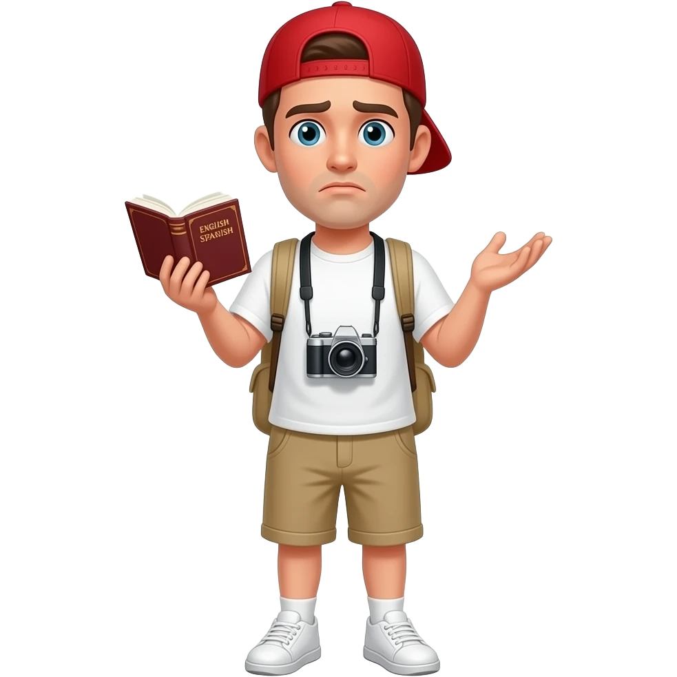 A confused man, dressed like a tourist, consulting an English-Spanish dictionary. emoji