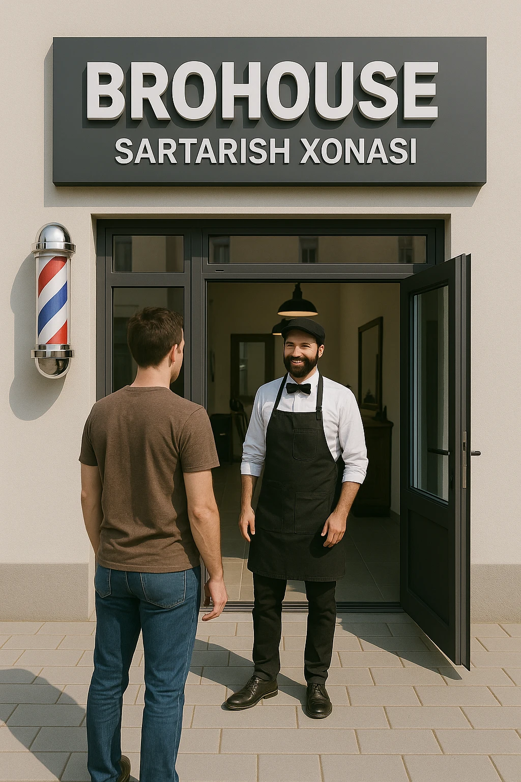 eni shu rasimga boyagi sartaosh oka eshik oldida tursin va tashqarida esa mijoz emoji