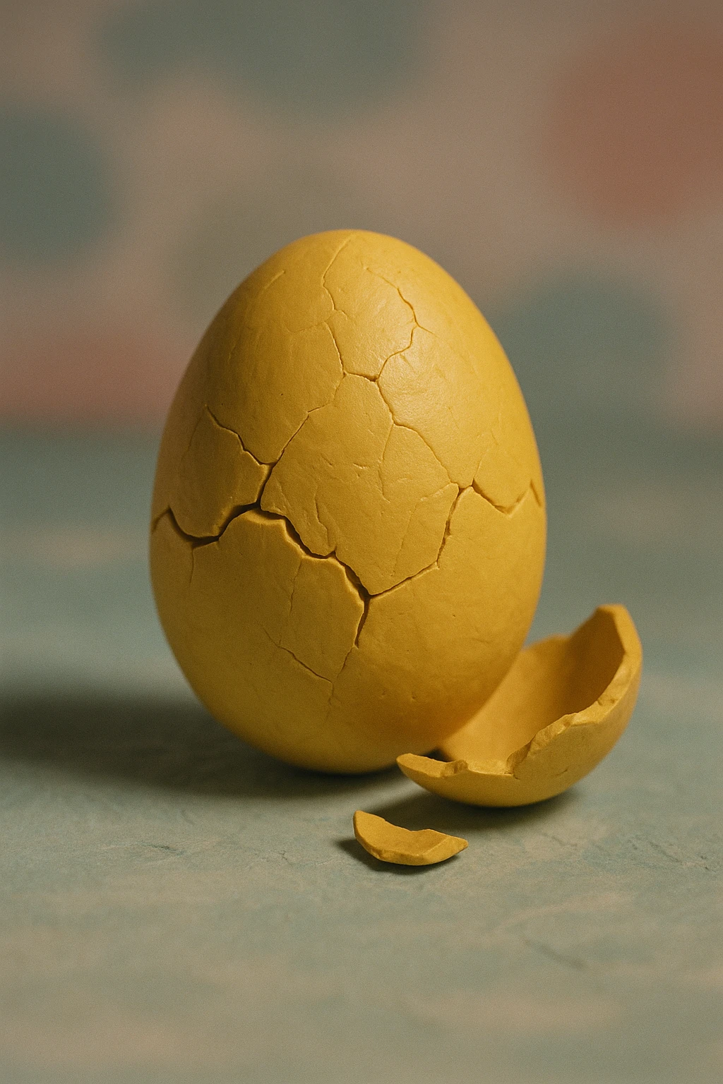 A golden broken egg in claymation style with a cracked shell, matte texture with visible fingerprints, pastel colors. emoji