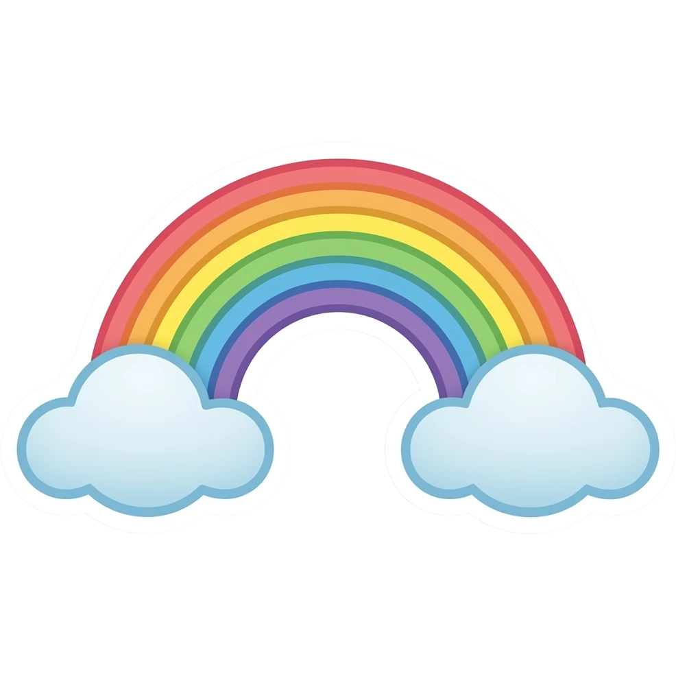minimal 7 colours rainbow with clouds sticker, elegant thin stroke, pastel tones, clean vector design, no background, modern aesthetic, 8k emoji