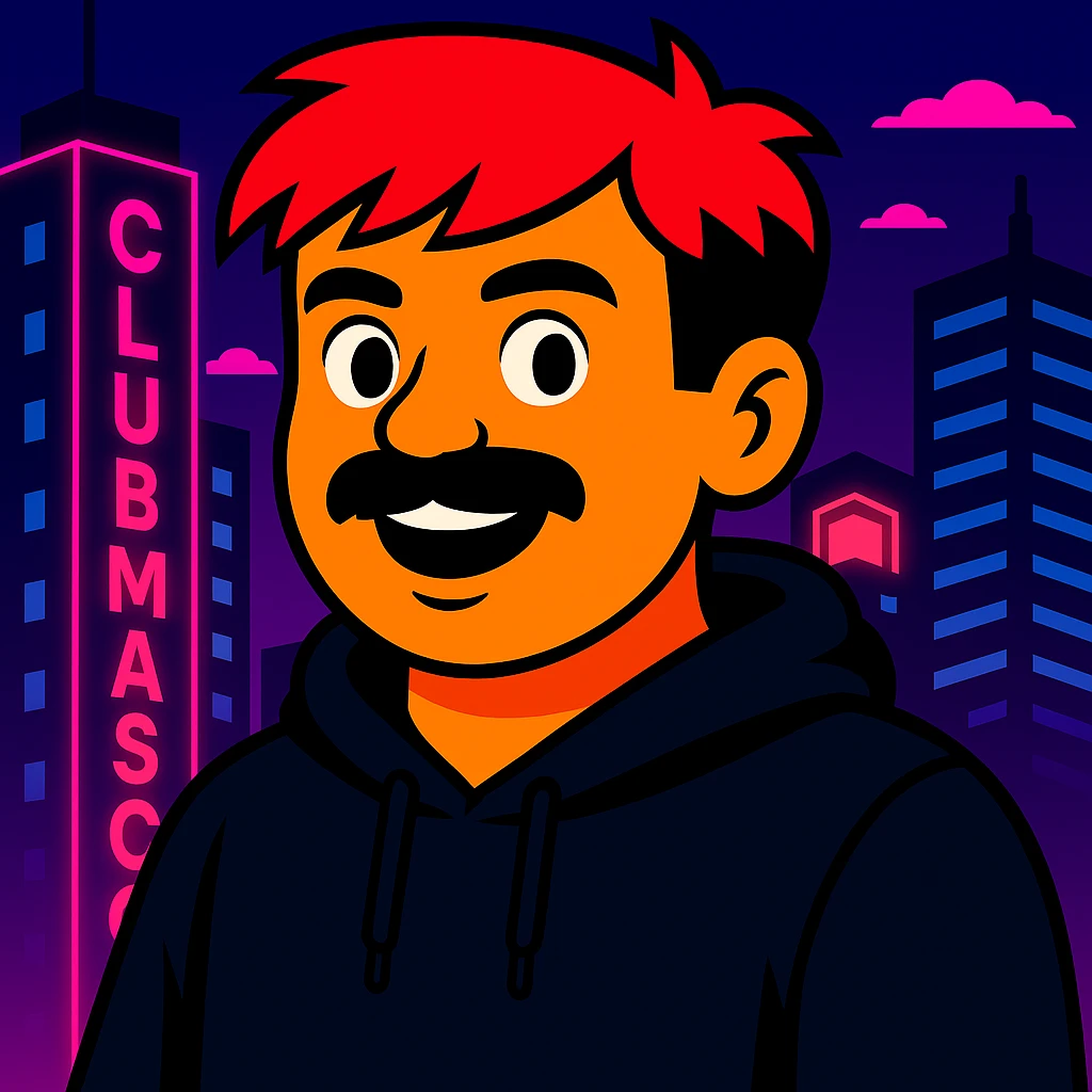 Change any visible text from 'Hotel' to 'Club Mascot', keep the vibrant toon style, neon city background, and all other details the same emoji