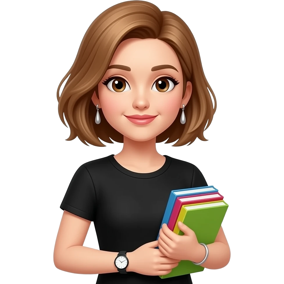 femme cheveux chatains blonds au carré, raie sur le côté droit, yeux marrons, lèvres fines, t-shirt noir, boucles d'oreilles pendantes en argent, des livres colorés dans les bras, une montre noire et ronde au poignet gauche et un bracelet en argent au poignet droit, emoji