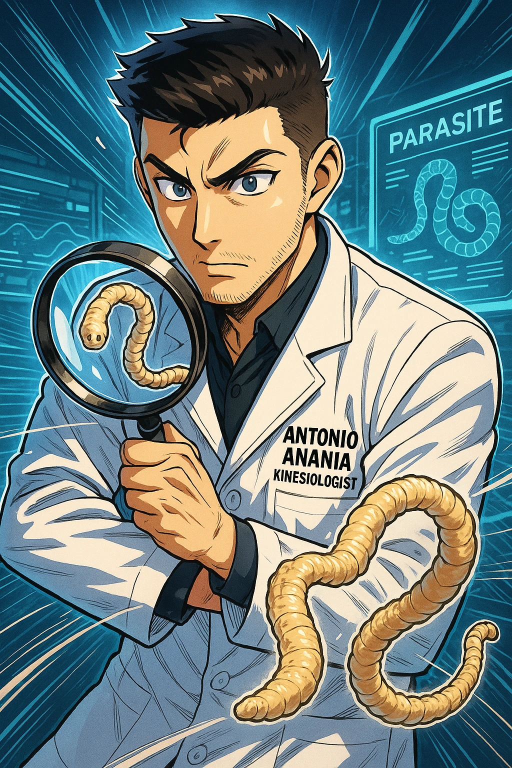 A dynamic manga/webtoon-style illustration of a young male kinesiologist wearing a clean white lab coat, analyzing light beige worms like a tapeworm under a magnifying glass. His expression is focused and slightly intrigued, with sharp, detailed eyes. The art style is vibrant, with bold linework, rich colors, and dramatic lighting. The background is a futuristic laboratory with glowing holographic screens displaying parasite data. The tapeworm is intricately drawn, slimy and segmented, with a slightly exaggerated yet realistic texture. The composition is dynamic, with motion lines or energy effects to emphasize his scientific investigation. The atmosphere is intense but not dark, keeping a balance between scientific seriousness and stylish manga aesthetics, he has "ANTONIO ANANIA" WRITTEN ON WHITE LAB COAT emoji